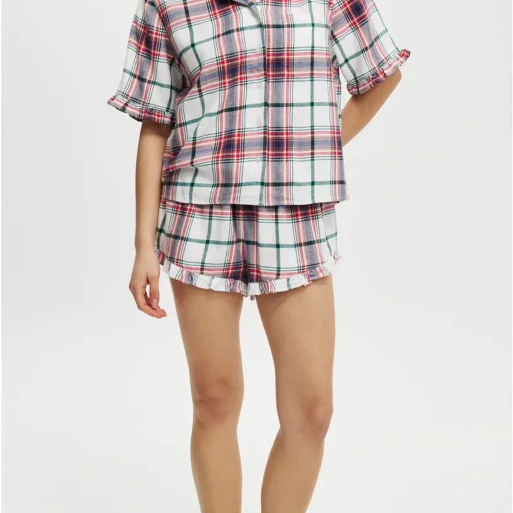 Flannel Short Sleeve Shirt And Short Sleep Set - Picture 2 of 7
